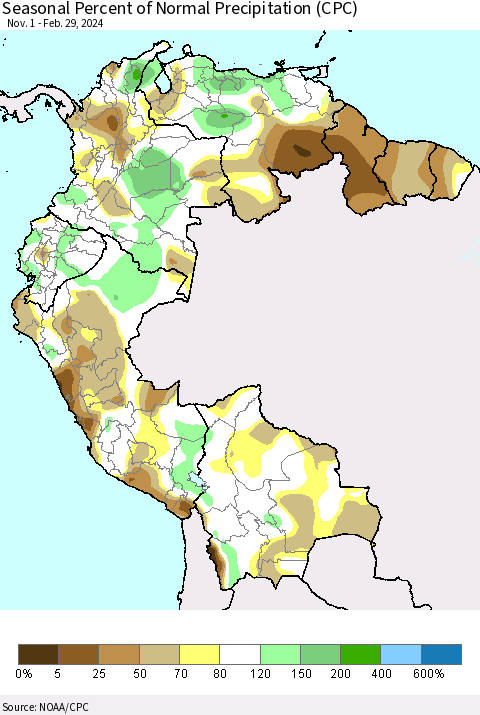 Northern South America Seasonal Percent of Normal Precipitation (CPC) Thematic Map For 11/1/2023 - 2/29/2024