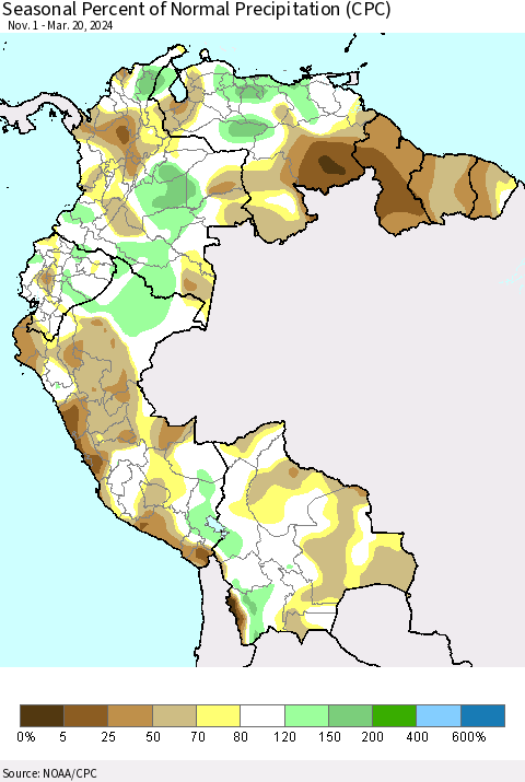Northern South America Seasonal Percent of Normal Precipitation (CPC) Thematic Map For 11/1/2023 - 3/20/2024