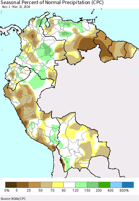 Northern South America Seasonal Percent of Normal Precipitation (CPC) Thematic Map For 11/1/2023 - 3/31/2024