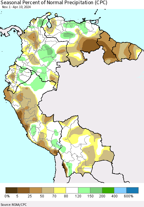 Northern South America Seasonal Percent of Normal Precipitation (CPC) Thematic Map For 11/1/2023 - 4/10/2024