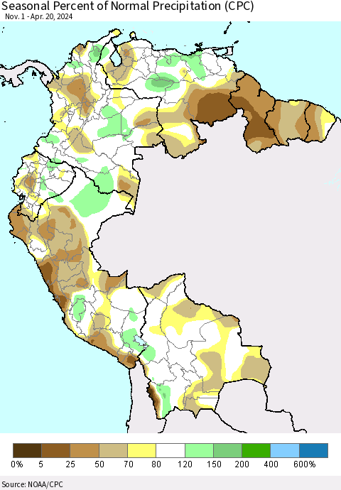 Northern South America Seasonal Percent of Normal Precipitation (CPC) Thematic Map For 11/1/2023 - 4/20/2024