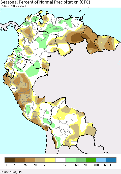 Northern South America Seasonal Percent of Normal Precipitation (CPC) Thematic Map For 11/1/2023 - 4/30/2024