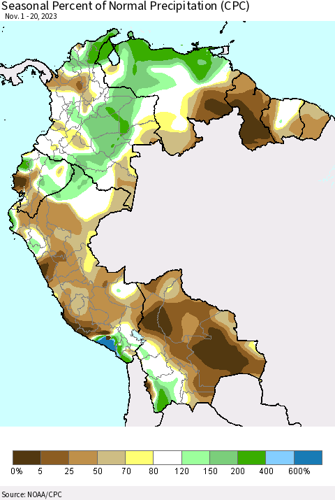 Northern South America Seasonal Percent of Normal Precipitation (CPC) Thematic Map For 11/1/2023 - 11/20/2023