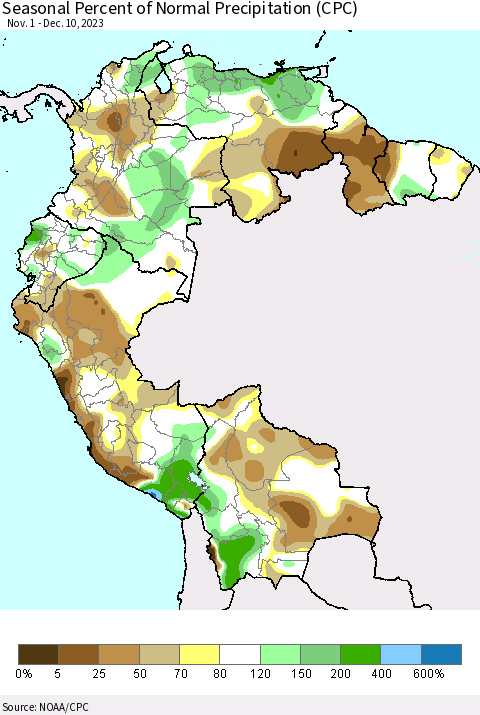Northern South America Seasonal Percent of Normal Precipitation (CPC) Thematic Map For 11/1/2023 - 12/10/2023