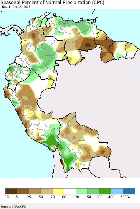 Northern South America Seasonal Percent of Normal Precipitation (CPC) Thematic Map For 11/1/2023 - 12/20/2023