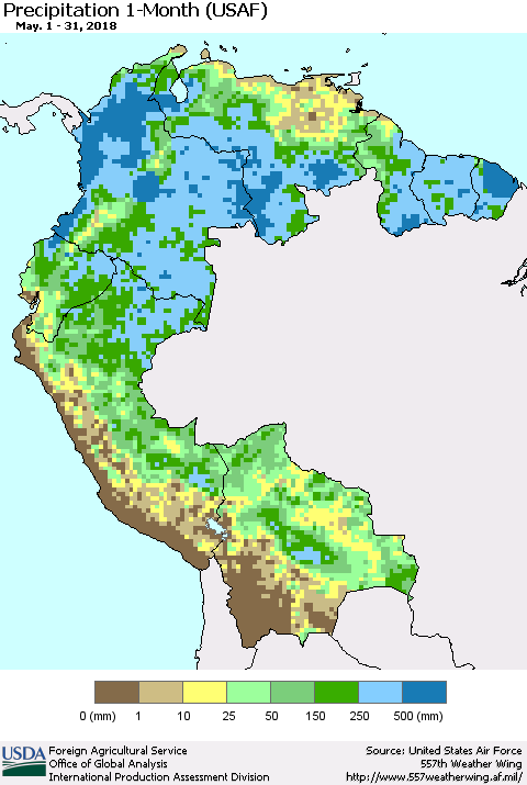 Northern South America Precipitation 1-Month (USAF) Thematic Map For 5/1/2018 - 5/31/2018
