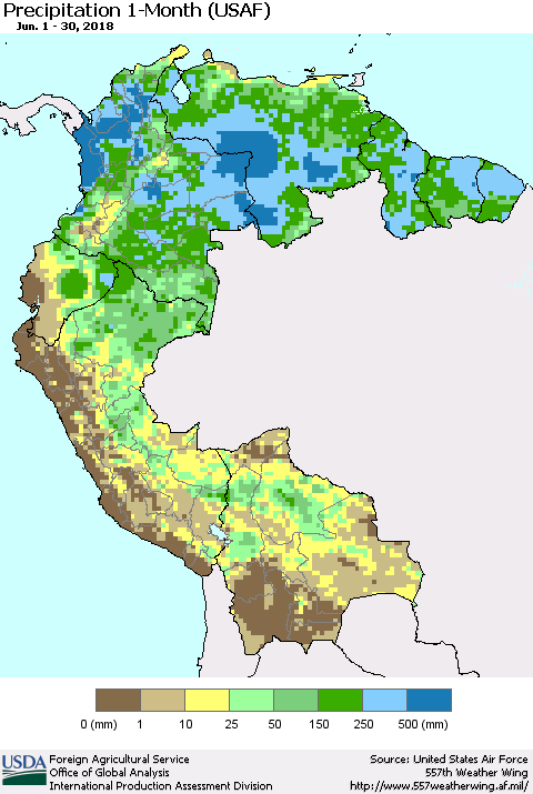 Northern South America Precipitation 1-Month (USAF) Thematic Map For 6/1/2018 - 6/30/2018