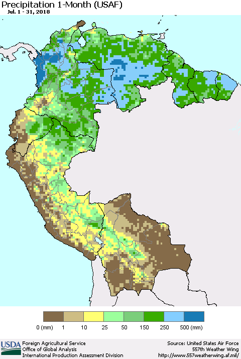 Northern South America Precipitation 1-Month (USAF) Thematic Map For 7/1/2018 - 7/31/2018