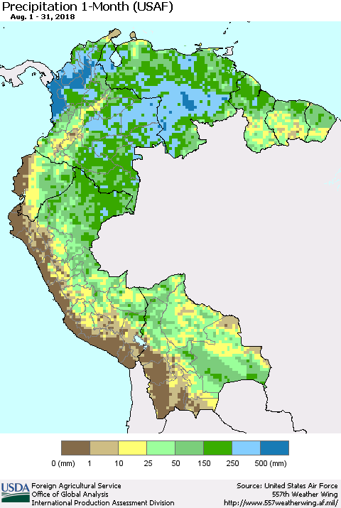 Northern South America Precipitation 1-Month (USAF) Thematic Map For 8/1/2018 - 8/31/2018