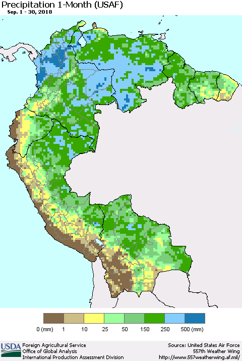 Northern South America Precipitation 1-Month (USAF) Thematic Map For 9/1/2018 - 9/30/2018