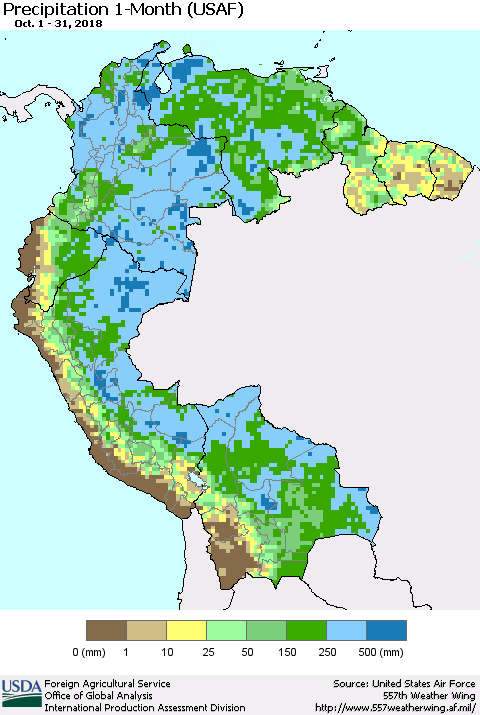 Northern South America Precipitation 1-Month (USAF) Thematic Map For 10/1/2018 - 10/31/2018