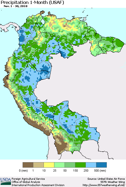 Northern South America Precipitation 1-Month (USAF) Thematic Map For 11/1/2018 - 11/30/2018