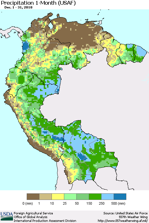 Northern South America Precipitation 1-Month (USAF) Thematic Map For 12/1/2018 - 12/31/2018