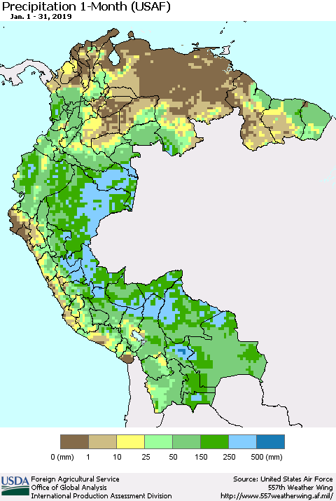 Northern South America Precipitation 1-Month (USAF) Thematic Map For 1/1/2019 - 1/31/2019