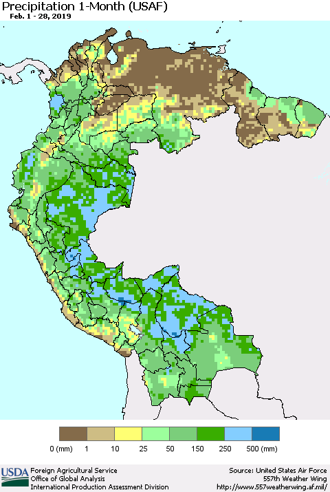 Northern South America Precipitation 1-Month (USAF) Thematic Map For 2/1/2019 - 2/28/2019