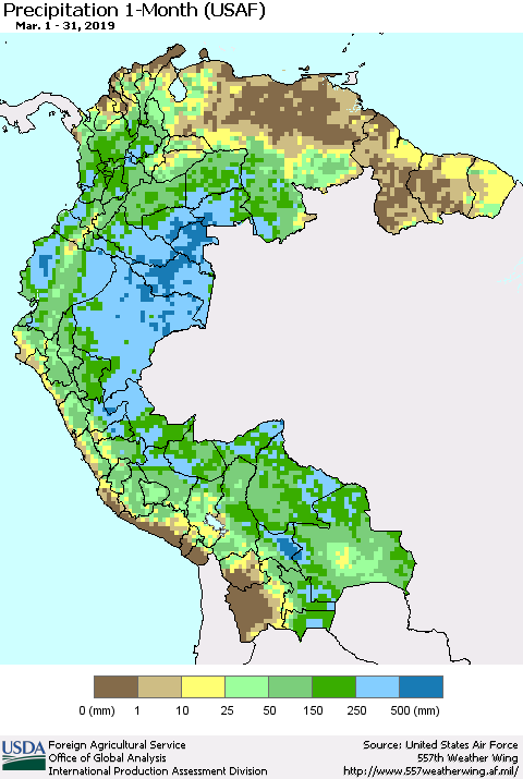 Northern South America Precipitation 1-Month (USAF) Thematic Map For 3/1/2019 - 3/31/2019