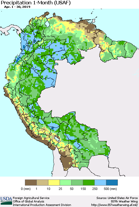 Northern South America Precipitation 1-Month (USAF) Thematic Map For 4/1/2019 - 4/30/2019