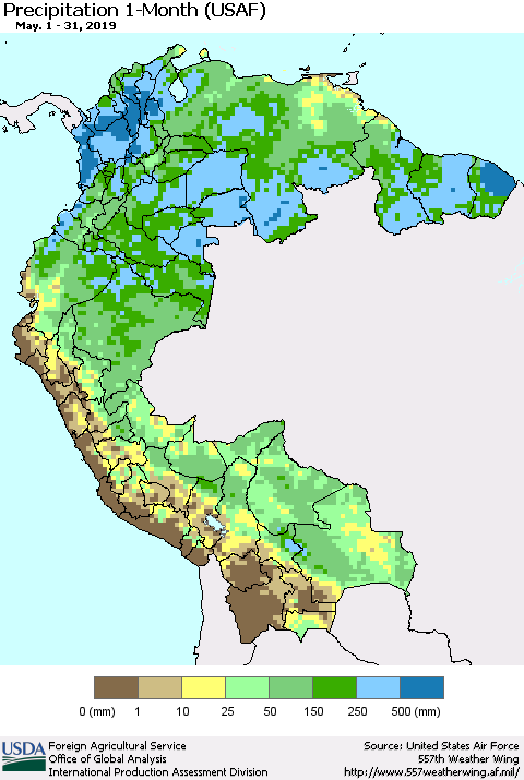 Northern South America Precipitation 1-Month (USAF) Thematic Map For 5/1/2019 - 5/31/2019