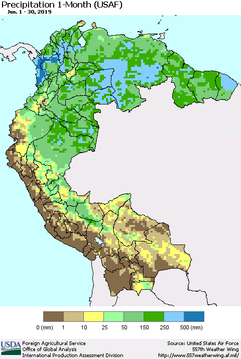 Northern South America Precipitation 1-Month (USAF) Thematic Map For 6/1/2019 - 6/30/2019