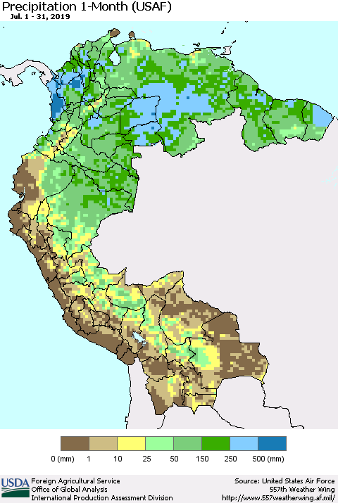 Northern South America Precipitation 1-Month (USAF) Thematic Map For 7/1/2019 - 7/31/2019