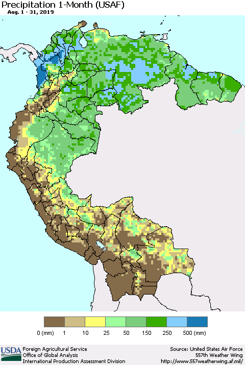 Northern South America Precipitation 1-Month (USAF) Thematic Map For 8/1/2019 - 8/31/2019