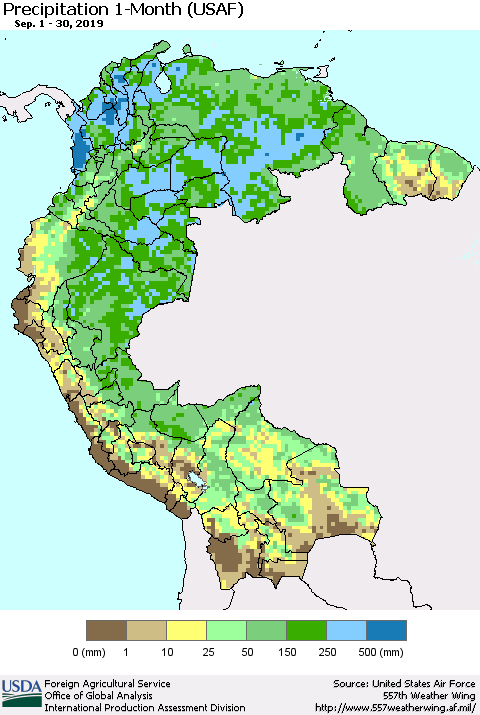 Northern South America Precipitation 1-Month (USAF) Thematic Map For 9/1/2019 - 9/30/2019