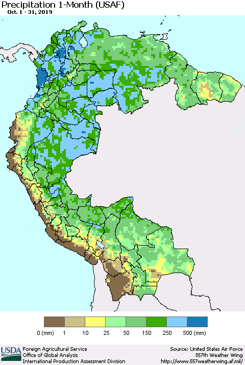 Northern South America Precipitation 1-Month (USAF) Thematic Map For 10/1/2019 - 10/31/2019