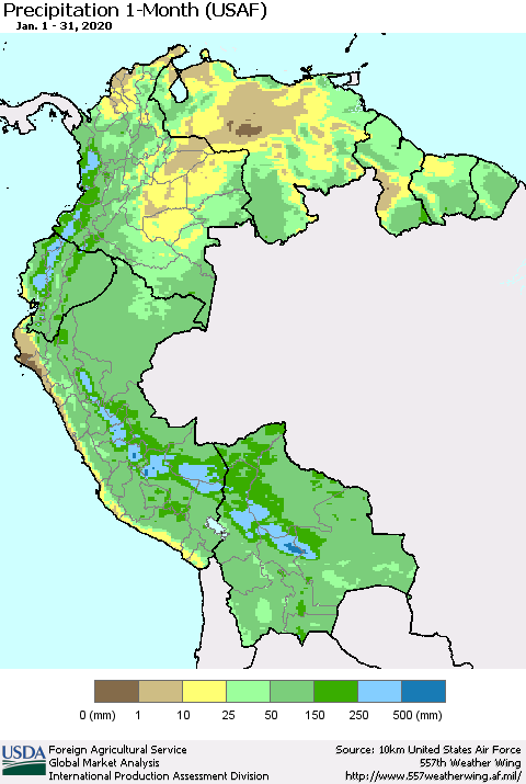 Northern South America Precipitation 1-Month (USAF) Thematic Map For 1/1/2020 - 1/31/2020