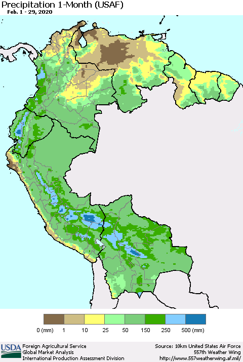 Northern South America Precipitation 1-Month (USAF) Thematic Map For 2/1/2020 - 2/29/2020