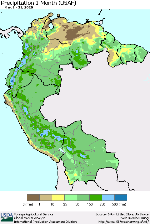 Northern South America Precipitation 1-Month (USAF) Thematic Map For 3/1/2020 - 3/31/2020