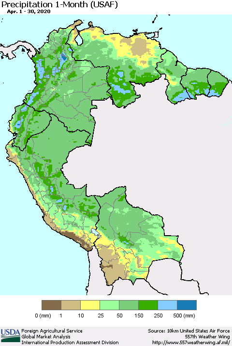 Northern South America Precipitation 1-Month (USAF) Thematic Map For 4/1/2020 - 4/30/2020