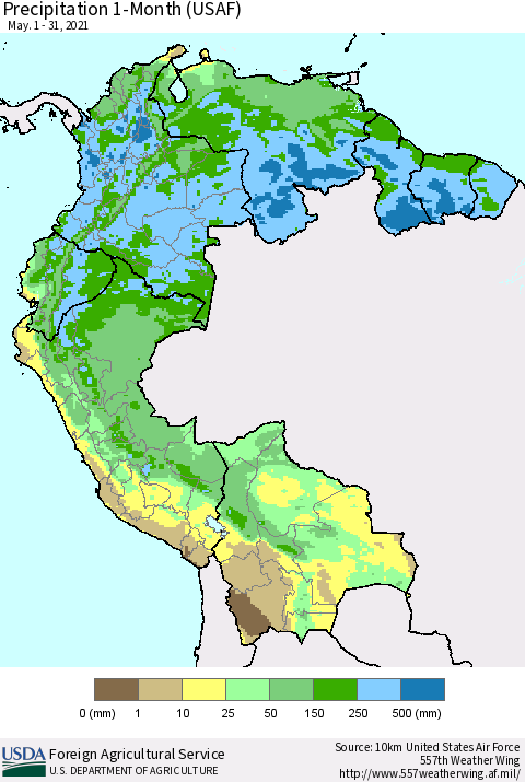 Northern South America Precipitation 1-Month (USAF) Thematic Map For 5/1/2021 - 5/31/2021