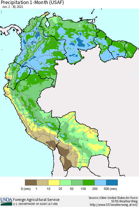 Northern South America Precipitation 1-Month (USAF) Thematic Map For 6/1/2021 - 6/30/2021
