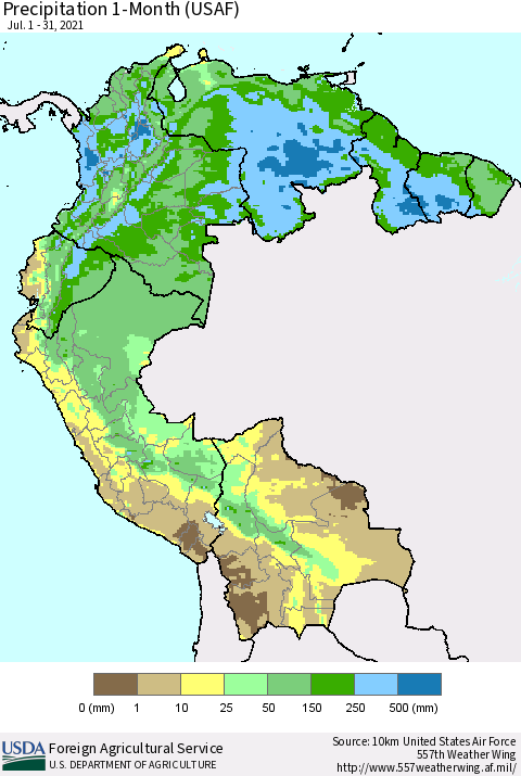 Northern South America Precipitation 1-Month (USAF) Thematic Map For 7/1/2021 - 7/31/2021