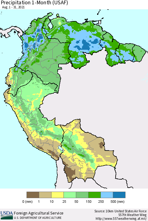 Northern South America Precipitation 1-Month (USAF) Thematic Map For 8/1/2021 - 8/31/2021