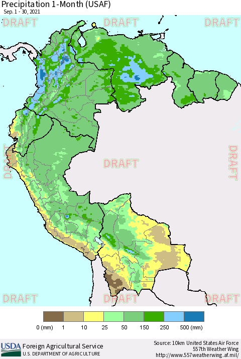 Northern South America Precipitation 1-Month (USAF) Thematic Map For 9/1/2021 - 9/30/2021