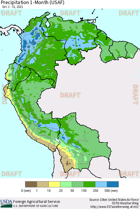 Northern South America Precipitation 1-Month (USAF) Thematic Map For 10/1/2021 - 10/31/2021