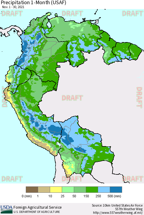Northern South America Precipitation 1-Month (USAF) Thematic Map For 11/1/2021 - 11/30/2021