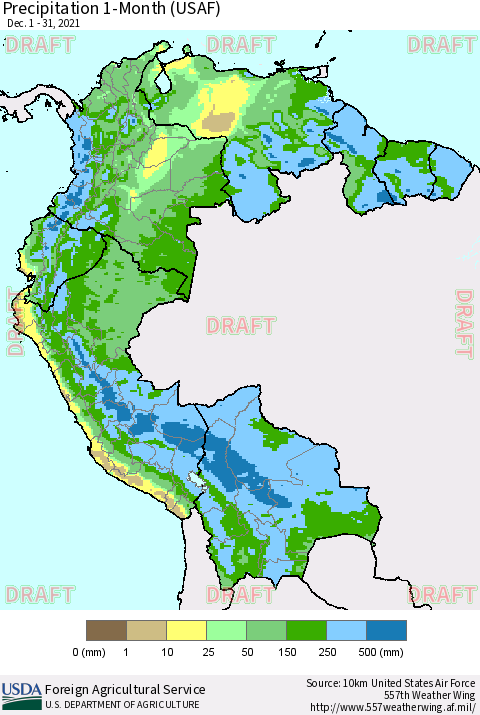 Northern South America Precipitation 1-Month (USAF) Thematic Map For 12/1/2021 - 12/31/2021