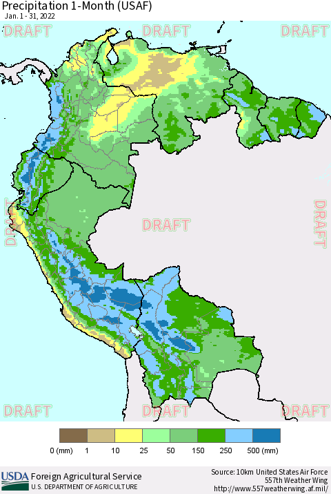 Northern South America Precipitation 1-Month (USAF) Thematic Map For 1/1/2022 - 1/31/2022