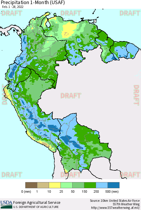 Northern South America Precipitation 1-Month (USAF) Thematic Map For 2/1/2022 - 2/28/2022