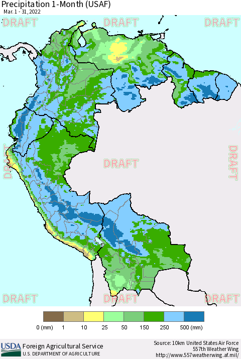 Northern South America Precipitation 1-Month (USAF) Thematic Map For 3/1/2022 - 3/31/2022