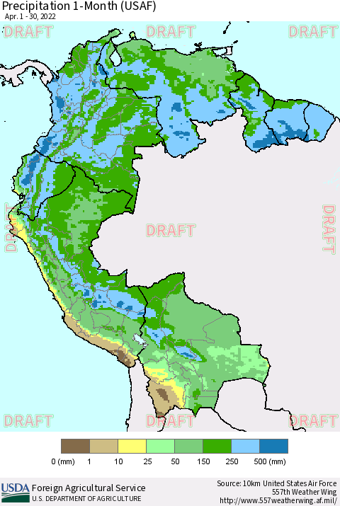 Northern South America Precipitation 1-Month (USAF) Thematic Map For 4/1/2022 - 4/30/2022