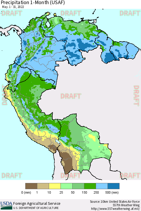 Northern South America Precipitation 1-Month (USAF) Thematic Map For 5/1/2022 - 5/31/2022