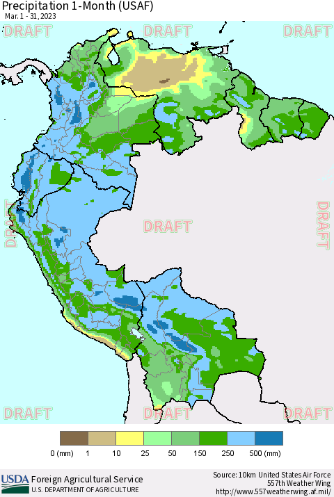 Northern South America Precipitation 1-Month (USAF) Thematic Map For 3/1/2023 - 3/31/2023