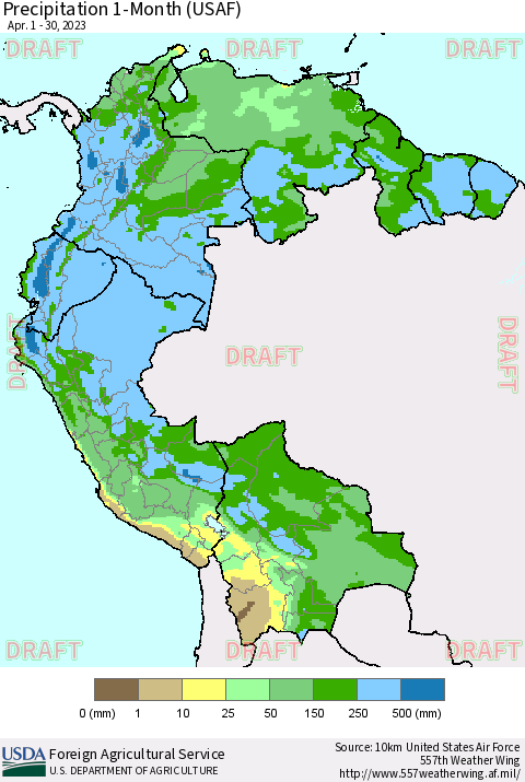 Northern South America Precipitation 1-Month (USAF) Thematic Map For 4/1/2023 - 4/30/2023