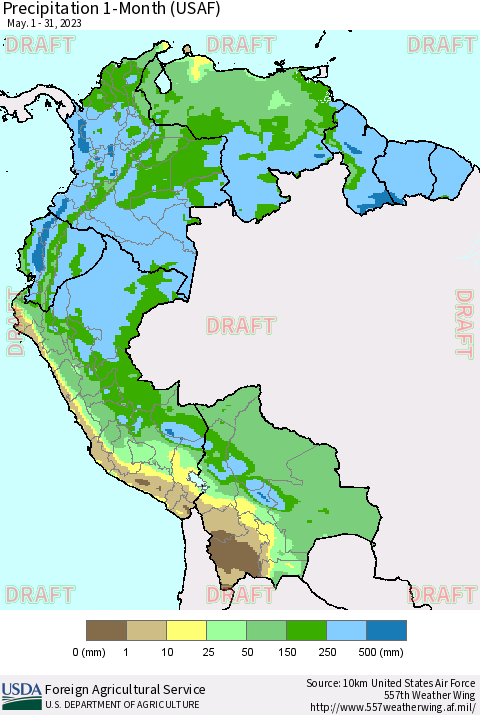 Northern South America Precipitation 1-Month (USAF) Thematic Map For 5/1/2023 - 5/31/2023