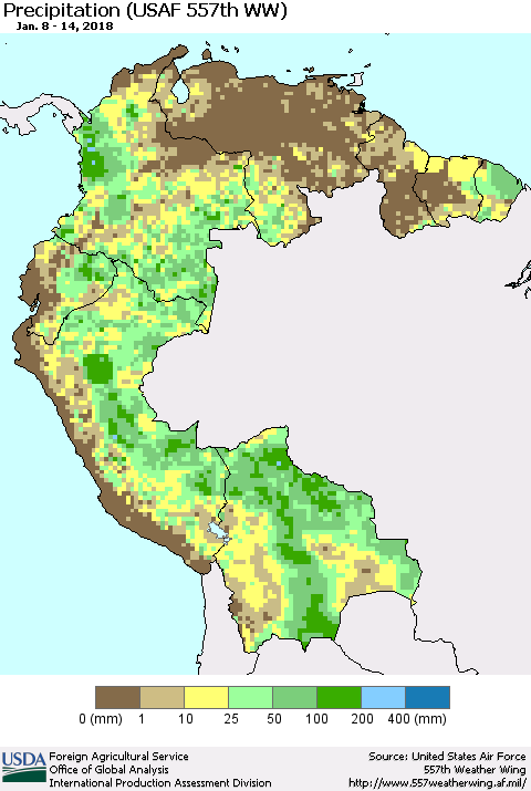 Northern South America Precipitation (USAF 557th WW) Thematic Map For 1/8/2018 - 1/14/2018