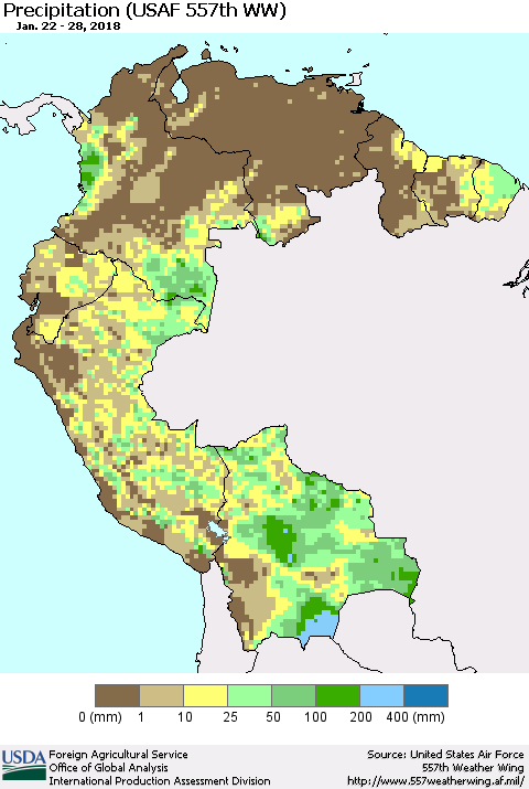 Northern South America Precipitation (USAF 557th WW) Thematic Map For 1/22/2018 - 1/28/2018