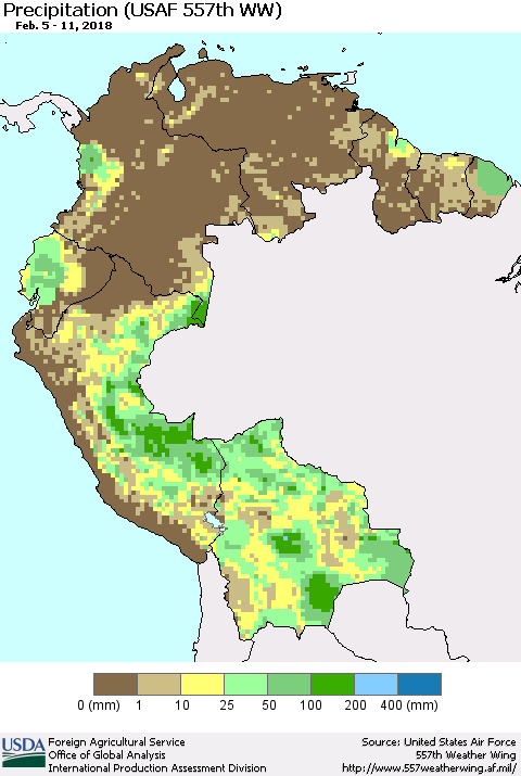 Northern South America Precipitation (USAF 557th WW) Thematic Map For 2/5/2018 - 2/11/2018